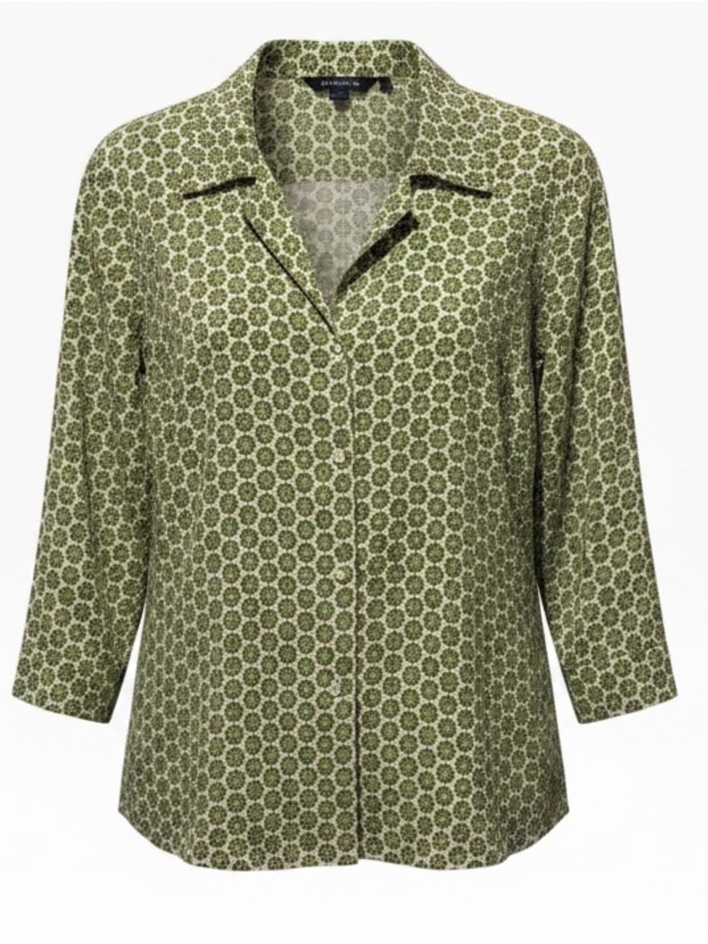 Boden Olive Green Geometric Print Button-Down Shirt 3/4 Sleeves MED